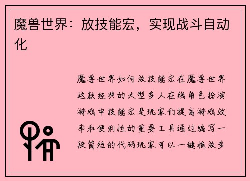 魔兽世界：放技能宏，实现战斗自动化